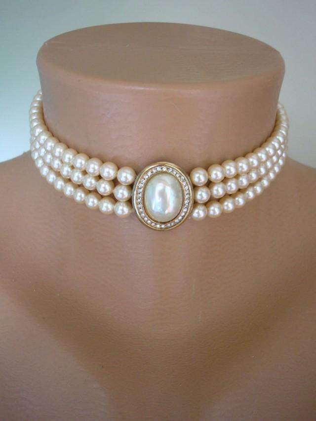 Pearl Choker Cream Pearls Great Gatsby Pearl And Rhinestone 3 Strand Pearls Vintage Bridal