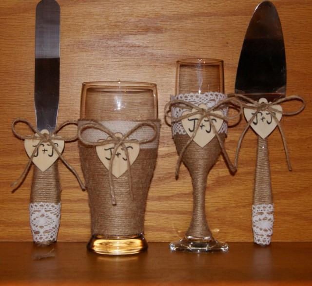 Rustic Wedding Champagne Flute And Beer Glass With Cake Serving