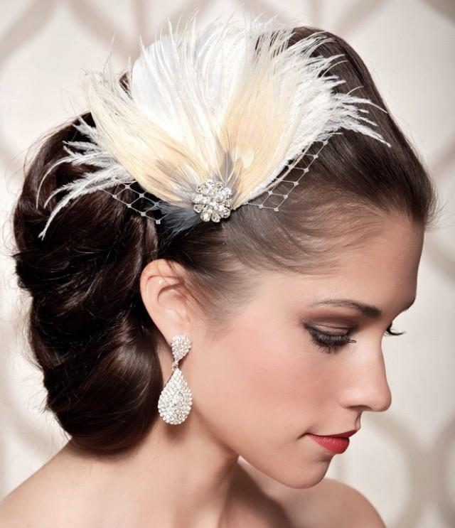 Ivory Bridal Head Piece Champagne Peacock Feather Fascinator Vintage