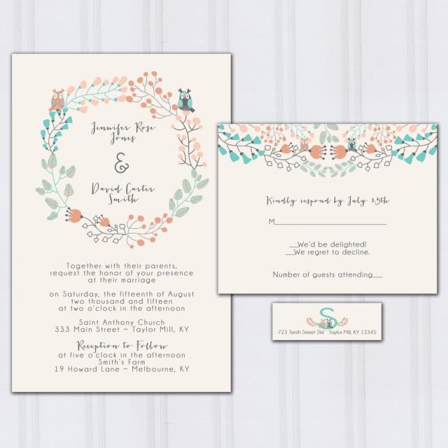 Owl Wedding Invitations Floral Boho Wedding Invitation Aqua Blue