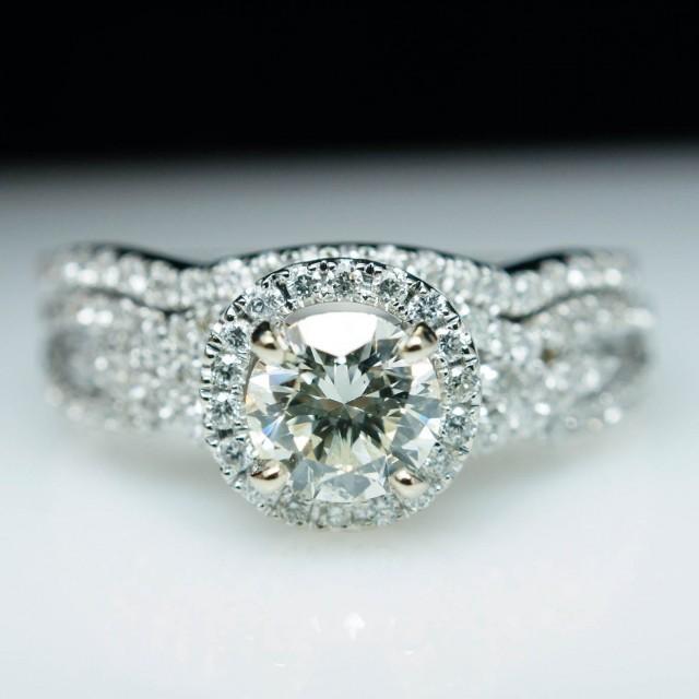 Round Diamond Halo Engagement Ring 14k White Gold & Matching Wedding