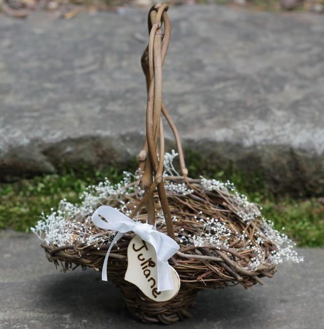 Flower Girl Basket Rustic Personalized Heart Lined In Baby's Breath, Christmas Basket, Custom 