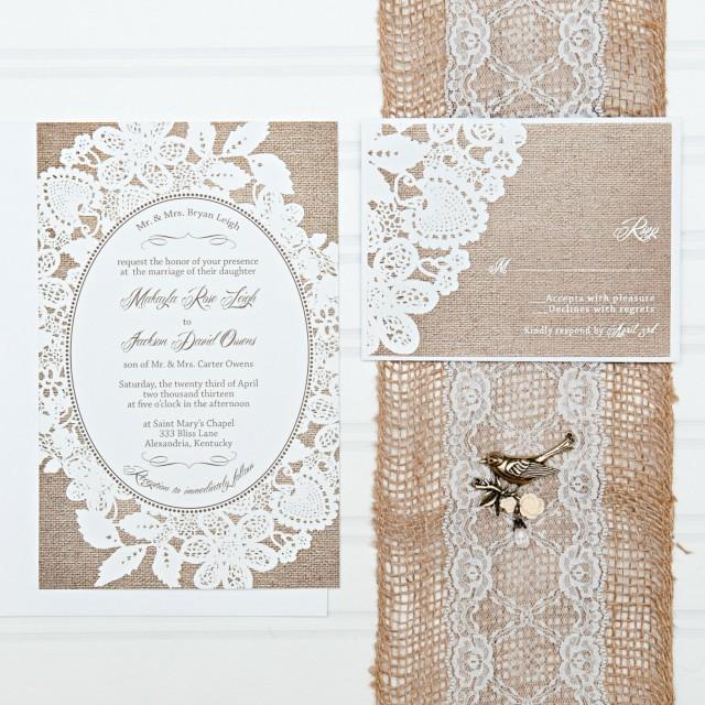 Burlap And Lace Wedding Invitation Set, With RSVP Cards And Address