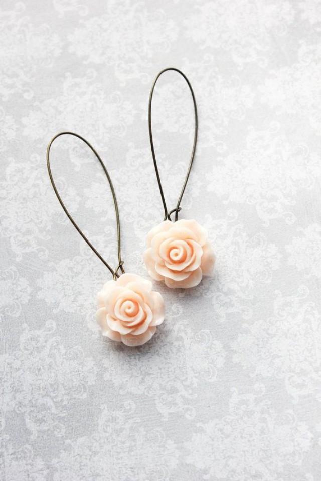 Light Peach Rose Earrings Long Dangle Earrings Romantic Pastel Country