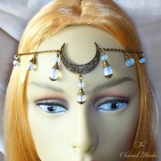 Opalite Moon Circlet, Moon Headpiece, Headdress, Moon Goddess, Bronze Headpiece, Pagan, Wiccan