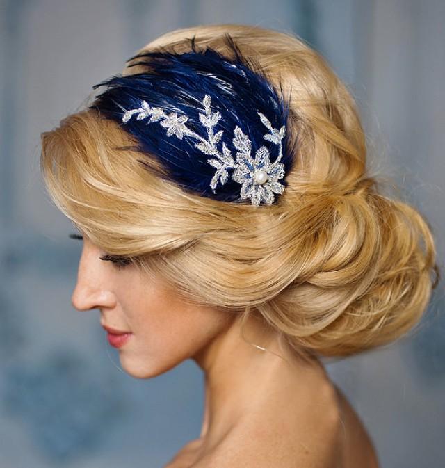 Blue Wedding Fascinator, Navy Blue And Silver Lace Feather Headband