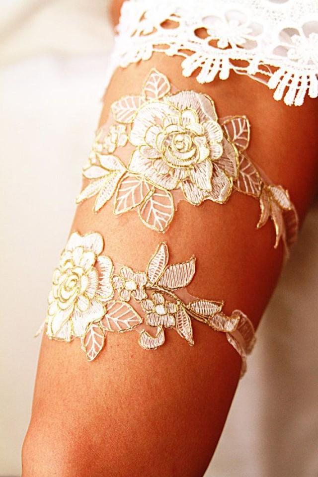 Bridal Gold Ivory Embroidery Lace Bridal Garter Set Wedding Garters
