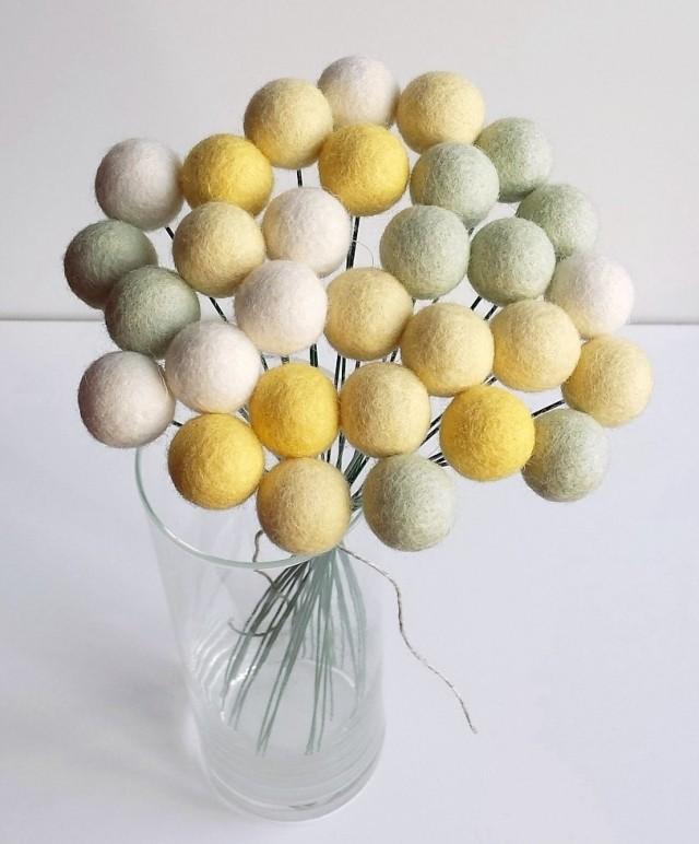 Pastel Felt Ball Flower Bouquet, Yellow Green Bridal Bouquet, Wool