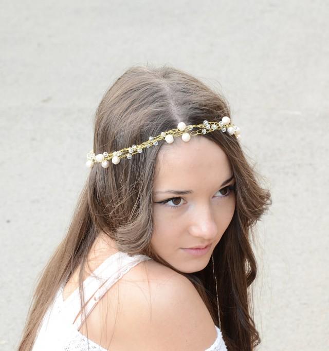 Wedding Tiara Freshwater Pearl Crown Champagne Headband Flower Hair Accessories 