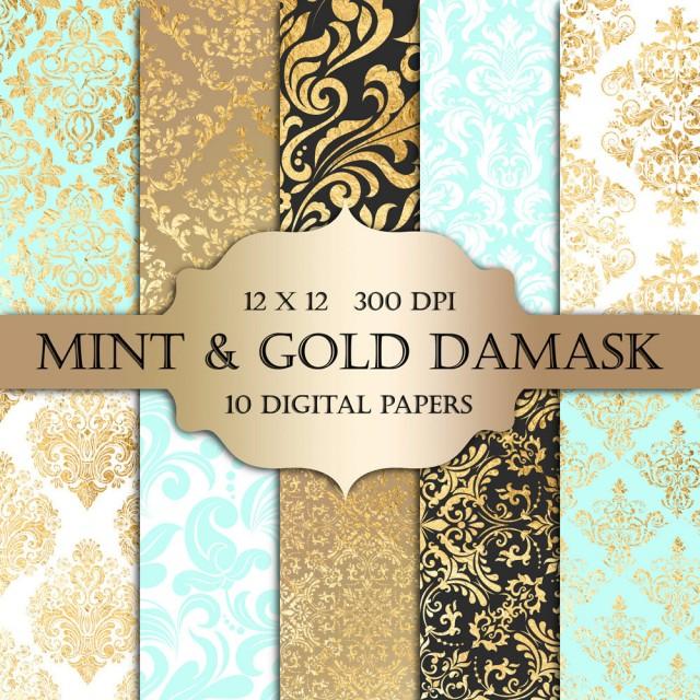 mint-gold-foil-damask-digital-paper-mint-gold-damask-metallic