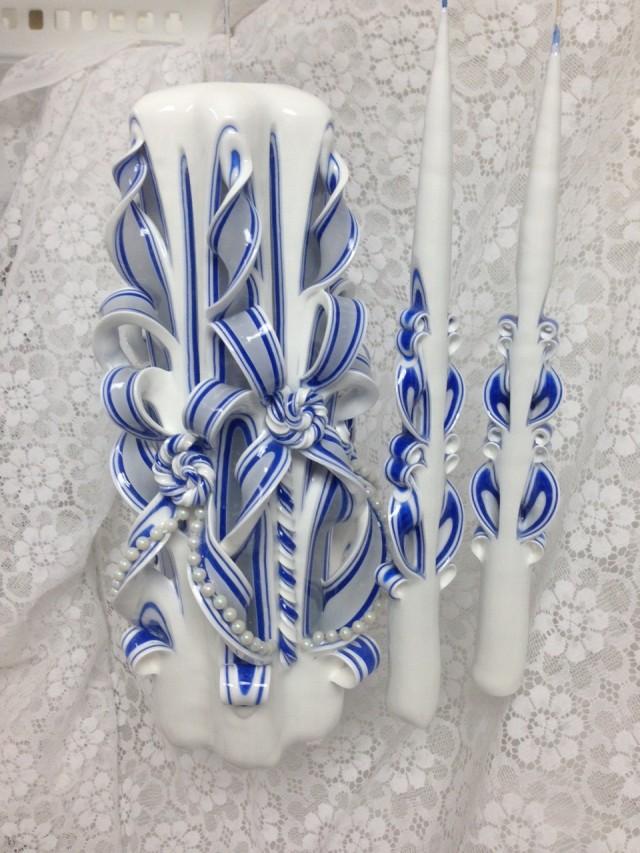Unity Candle 3 Piece Set Ribbon Candle 12"s Tall Royal Blue White Lace Bow Design W/pearls 11