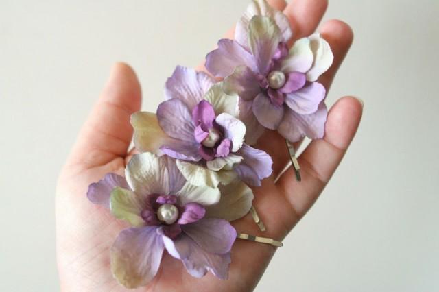 Lavender Lilac Hair Flowers With Pearls 3 Pcs Romantic Bridal