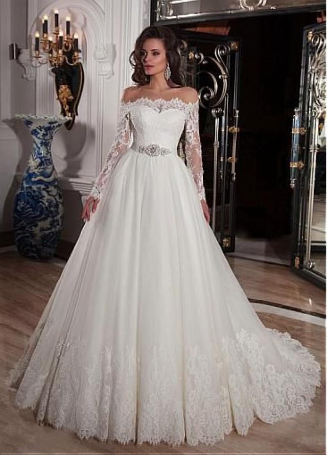 18899 Elegant Tulle Off The Shoulder Neckline Ball Gown Wedding Dresses With Lace Appliques 9643