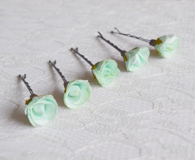 Mint Green Rose Pins, Bridal Hair Clips, Wedding Flower Pins, Mint Rose