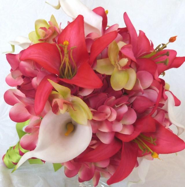 Tropical Wedding Bridal Bouquet And Matching Boutonniere Frangipani Real Touch Calla Lilies 9855