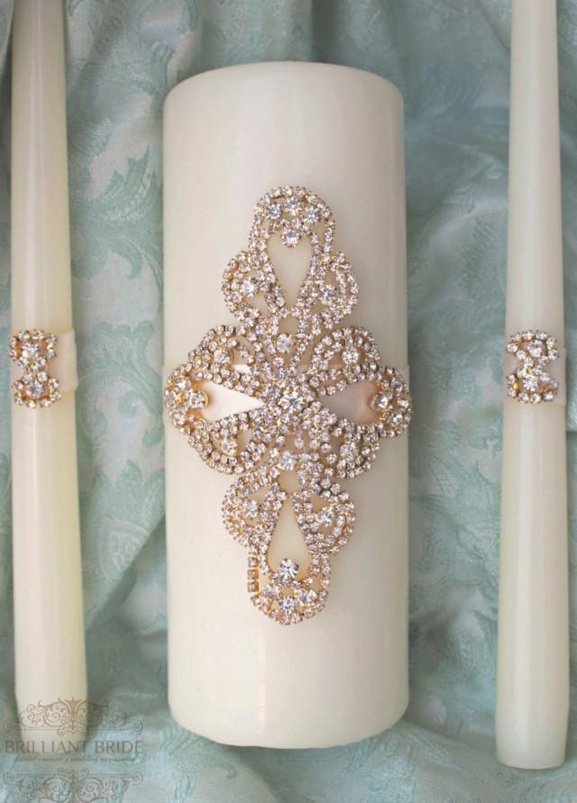 Unity Candle Set, Gold Wedding Candle Unity, Rhinestone Unity Candle 