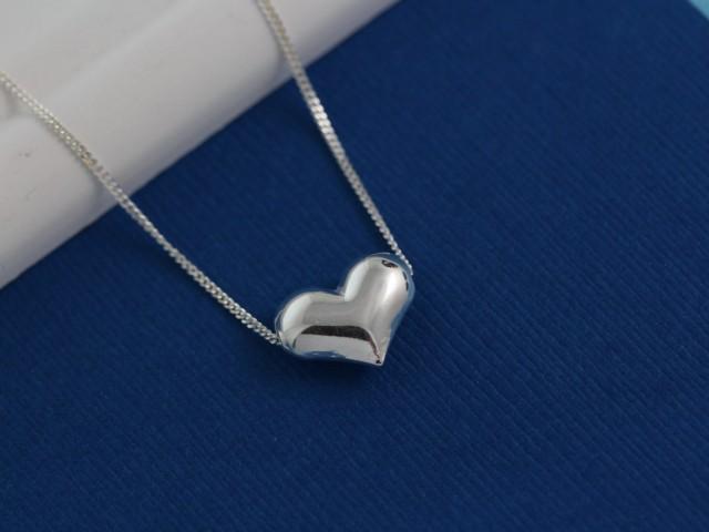 Sterling Silver Heart Necklace Puffy Heart Necklace Dainty Delicate 