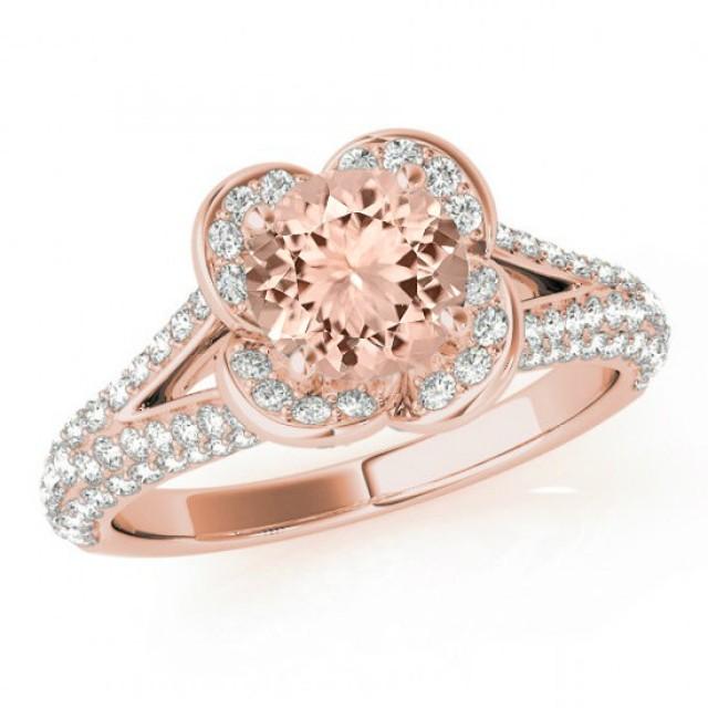 & Diamond Lotus Flower Engagement Ring 14k Rose Gold Pave