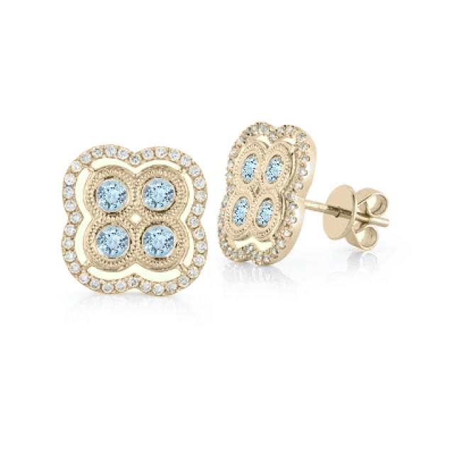 Aquamarine & Diamond Clover Stud Earrings Aquamarine Earrings For