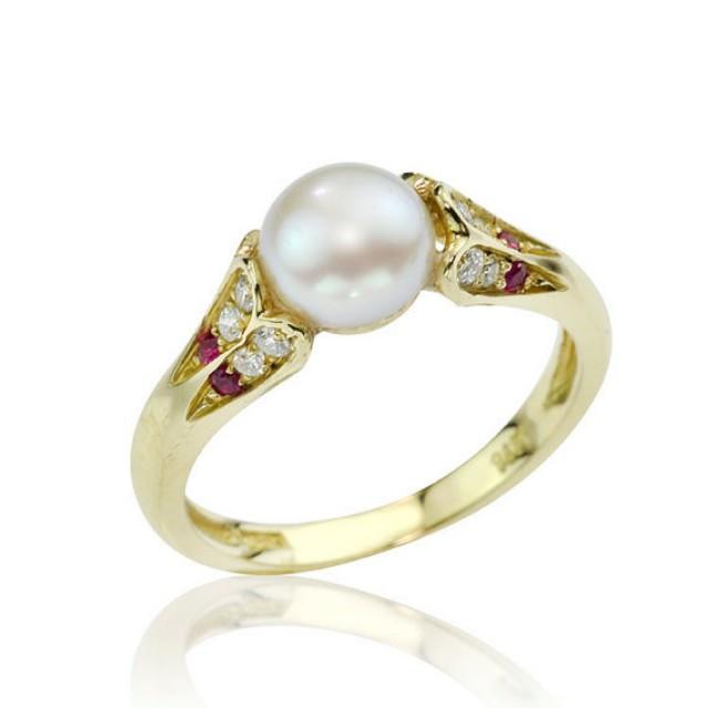 Engagement Ring, Antique Style Pearl 14K Gold Engagement Ring, Solid