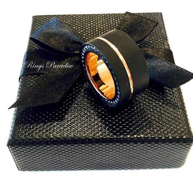 Mens Tungsten Ring Black Rose Gold Tungsten Mens Promise Ring Unique Bands Rose Gold Wedding Band Engagement Rings Bands Rings 12mm 2521197 Weddbook