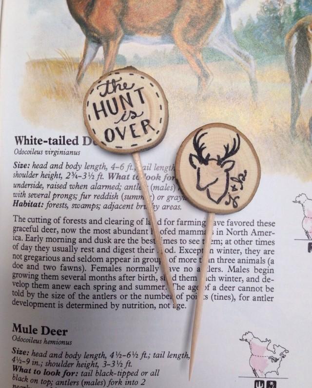 The Hunt Is Over / Rustic Wedding Cupcake Toppers Custom Initials