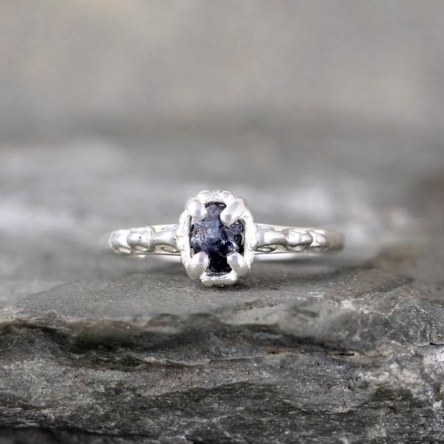 Raw Dark Blue Sapphire Ring Sterling Silver Filigree Engagement Ring September Birthstone