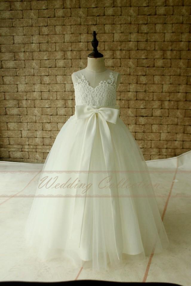 Ivory Lace Flower Girl Dress Floor Length With Ivory Sash And Bow