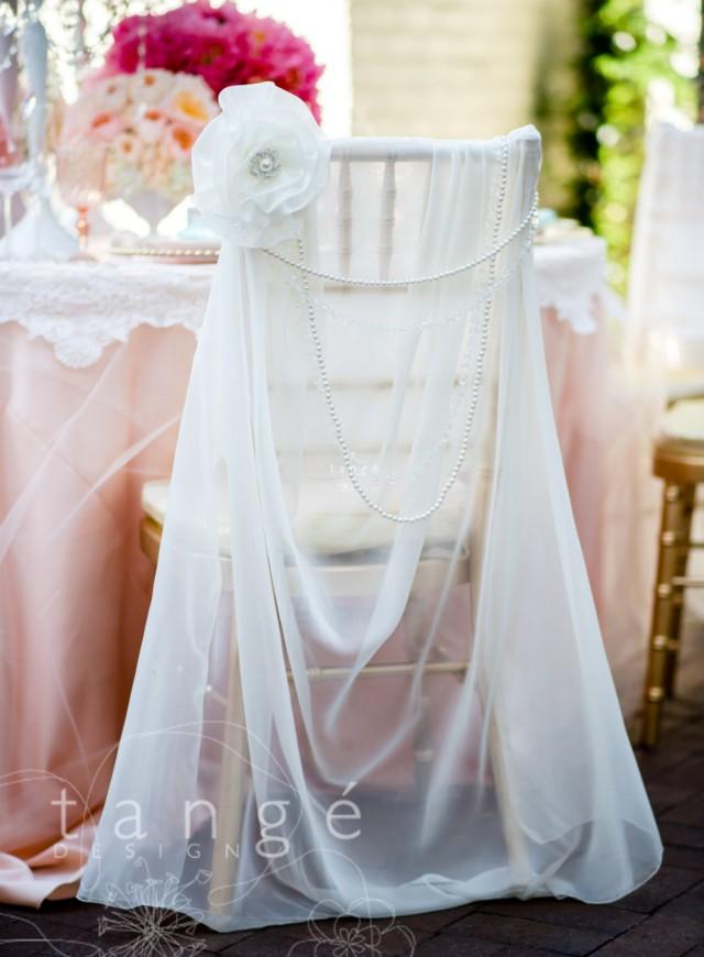 Lovely Ivory Chiffon Chiavari Chair Cover With Pearl Brooch Flower With