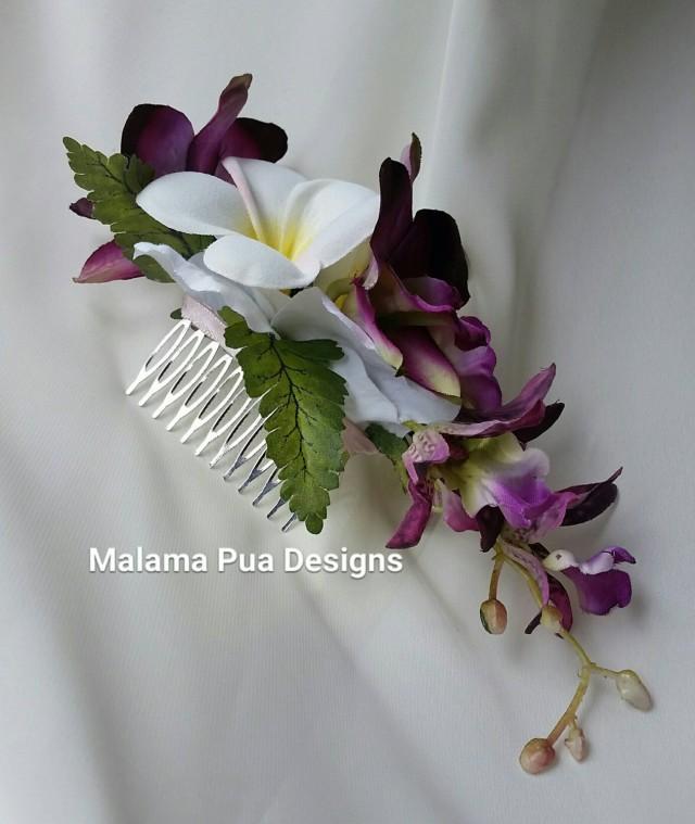 SILK FLOWER HAIR Comb, Hawaiian Orchids & Plumeria, Bridal, Pearls