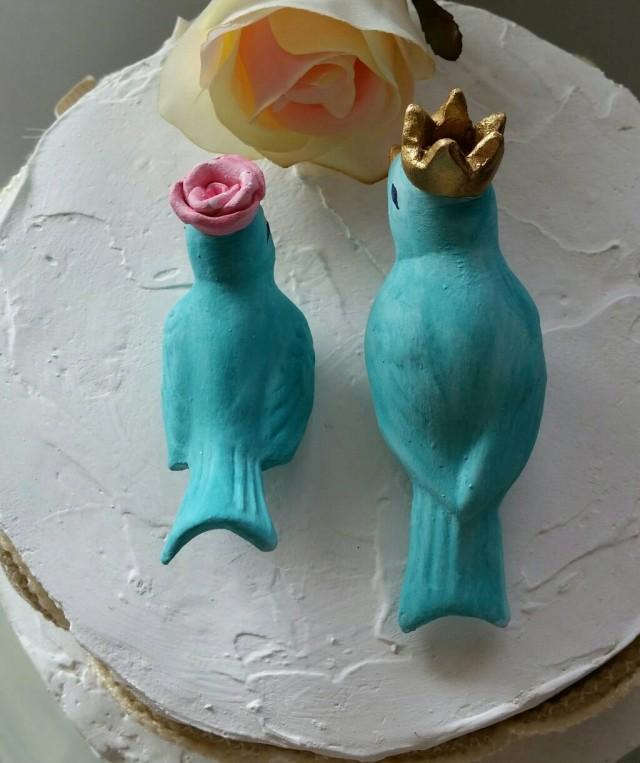 Aqua Birds Wedding Cake Topper With Crown And Flower Vintage Ceramic
