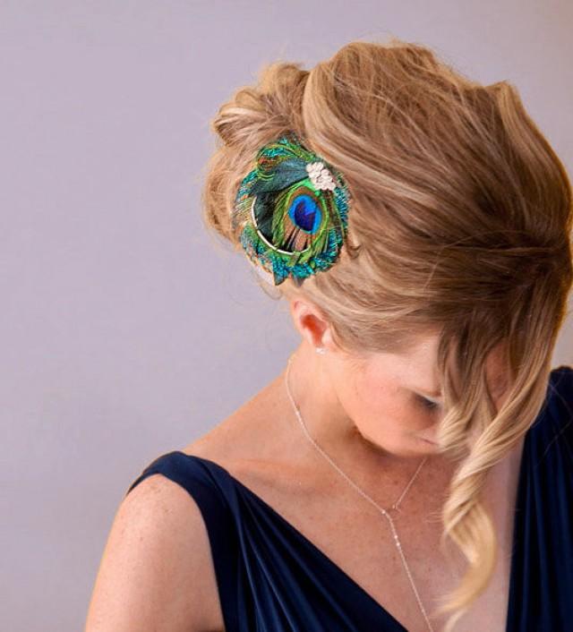 Bridesmaid Hair Accessories, Peacock Feather Hair Clip, Bridal Head