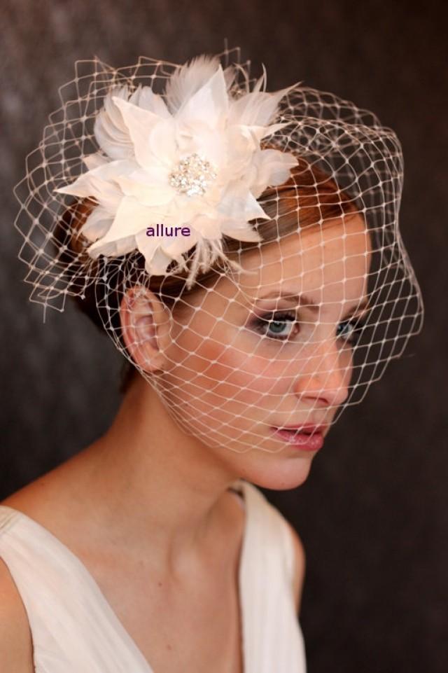 Wedding Birdcage Veil Bridal Veil Feather Flower Ivory Feather Fascinator Bridal Headpiece