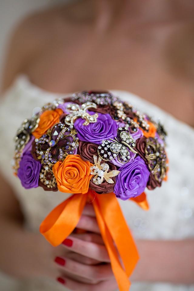 Antique Gold Wedding Brooch Bouquet, Brooch Bouquet, Orange Purple