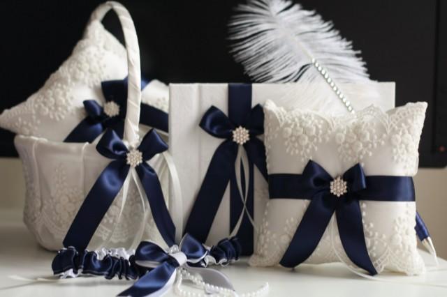 Emerald Green Flower Girl Basket Ring Bearer Pillow Guest Book Pen Set Wedding