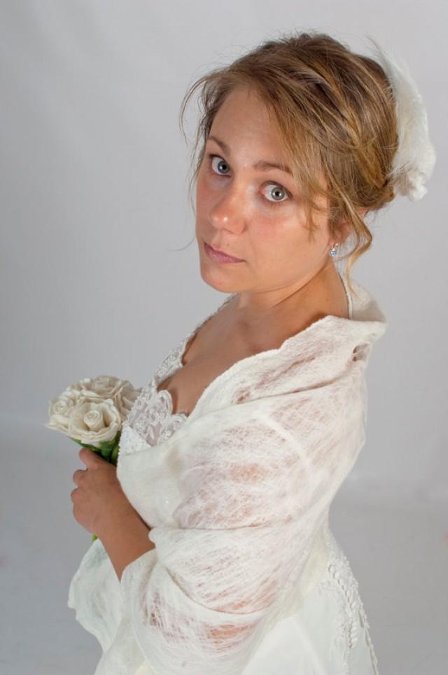 Bridal Shawl Shrug Ivory Felted Lace Wedding Bridal Wrap Cobweb
