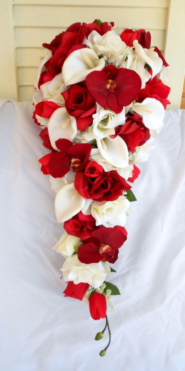 Red Orchids Silk Cascade Bouquet With Ivory Roses And Calla Lilies