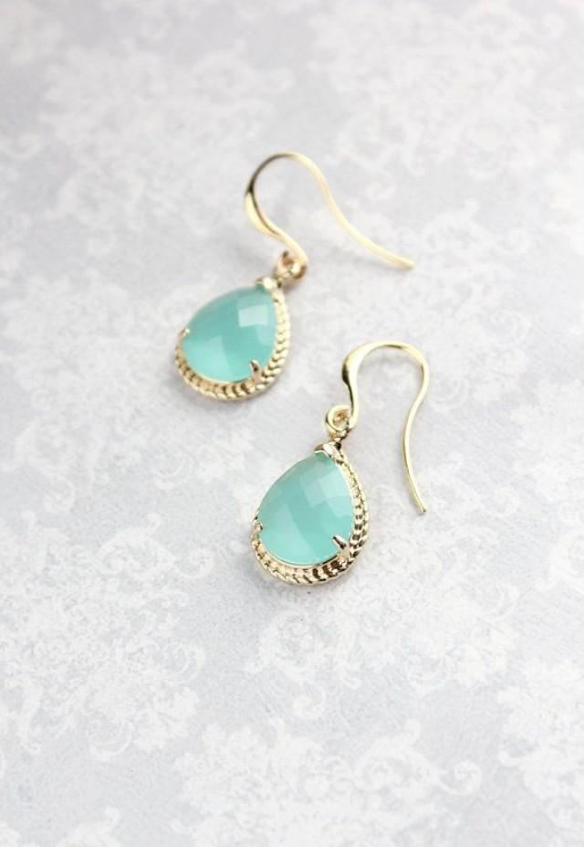 Mint Glass Earrings Gold Drop Bridesmaids Earrings Modern Jewelry