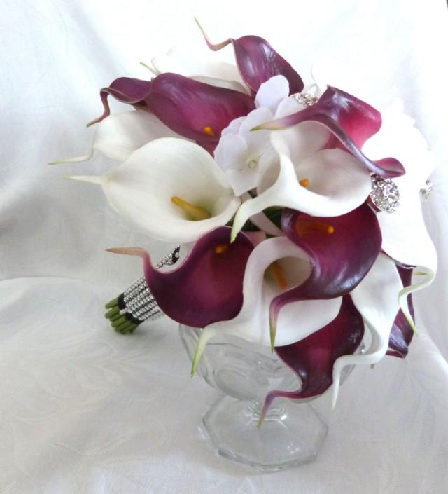 Calla Lily Bridal Bouquet Plum Eggplant And White Mini Real Touch Calla