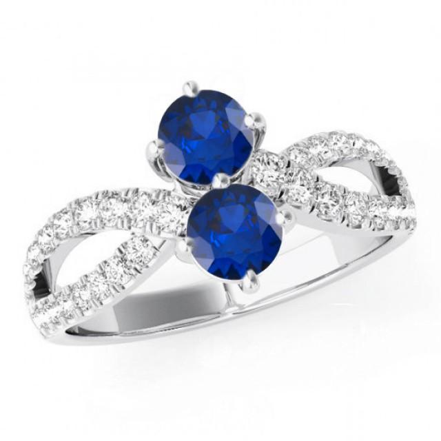 Two Stone Blue Sapphire & Diamond Split Shank Ring 14k White Gold