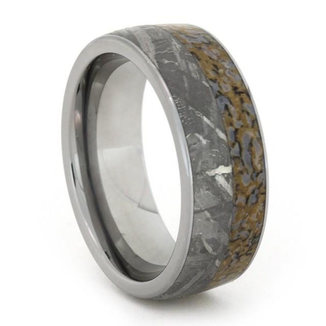 Meteorite And Dinosaur Bone Ring, Tungsten Carbie Wedding Band For Men