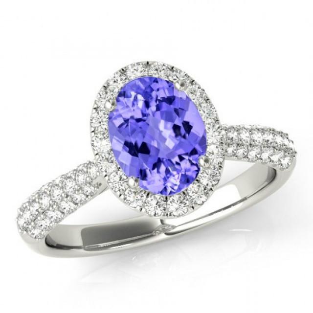 8x6mm Oval Tanzanite And Diamond Pave Engagement Ring 14k White Gold