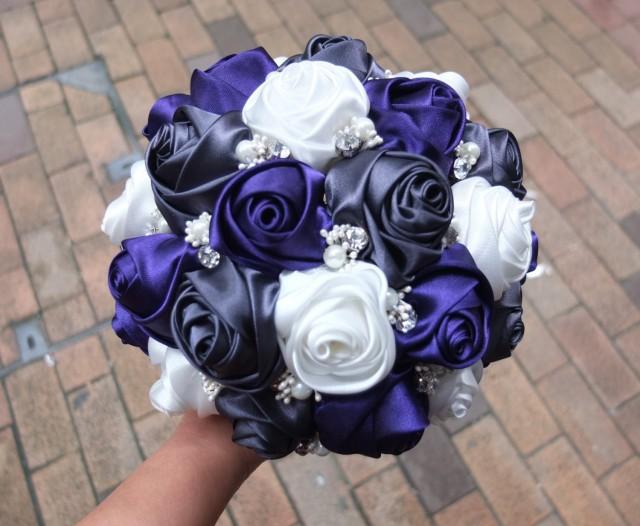 Handmade Satin Rose Bouquet Purple Dark Gray And White Satin Rose 
