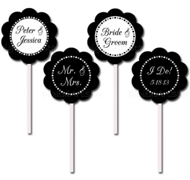 Black And White Personalized Bridal Cupcake Toppers Modern Printable