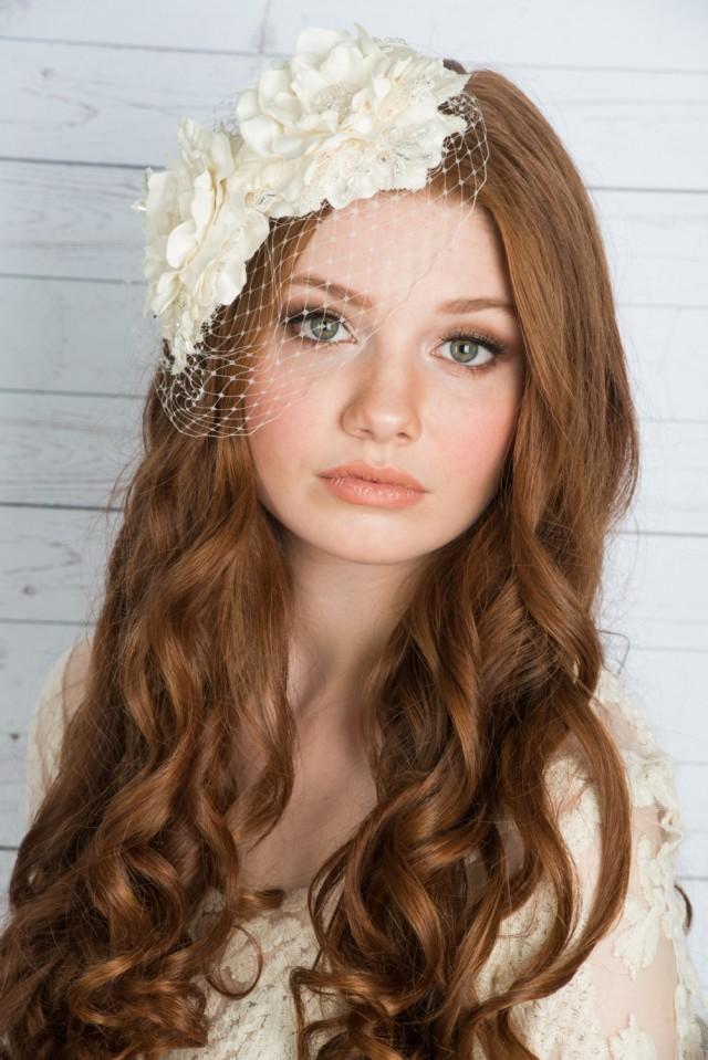 Ivory Flower Headpiece, Silk Flower Headpiece, Birdcage Veil, Flower