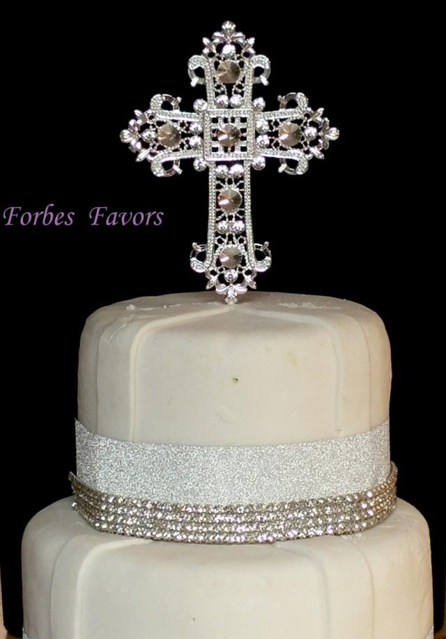 Large Real Rhinestone Baptism Cake Topper Christening Silver Cross Baby