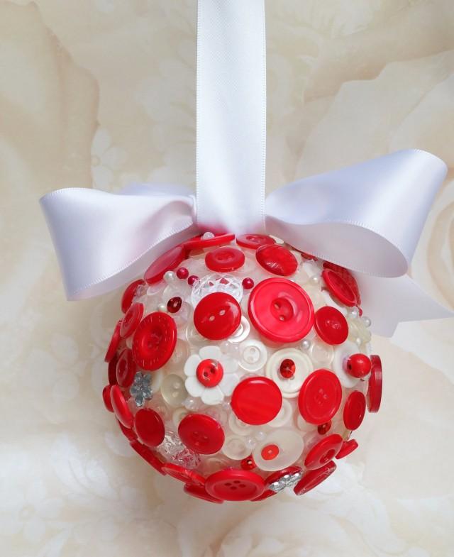 Red And White Button Kissing Ball, Flowergirl Pomander, Flowergirl