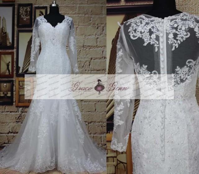 Long Sleeve Lace Wedding Dressmermaid Wedding Gownunique Illusion Back Wedding Dresselegant 2193