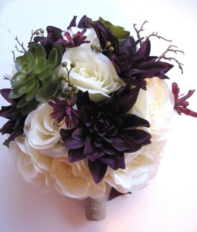 Wedding Bouquet Bridal Silk Flower Eggplant Plum Green Succulent 17 Pcs