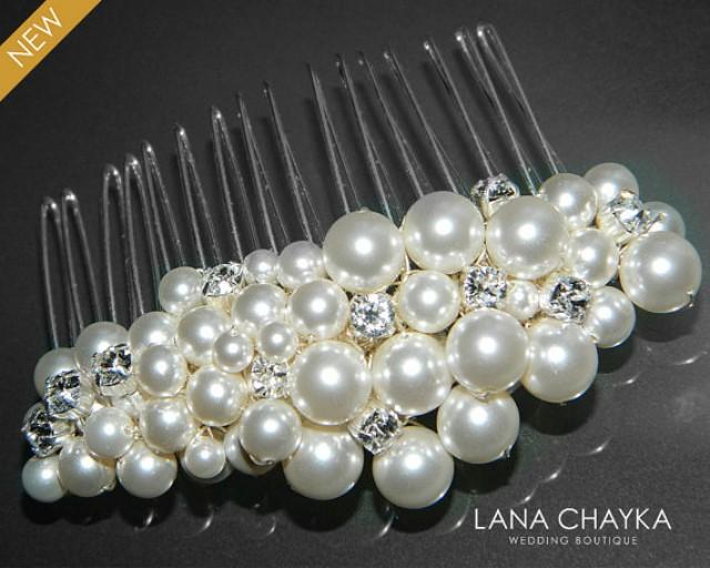 White Pearl Crystal Bridal Hair Comb Swarovski Pearl Hair Comb Wedding